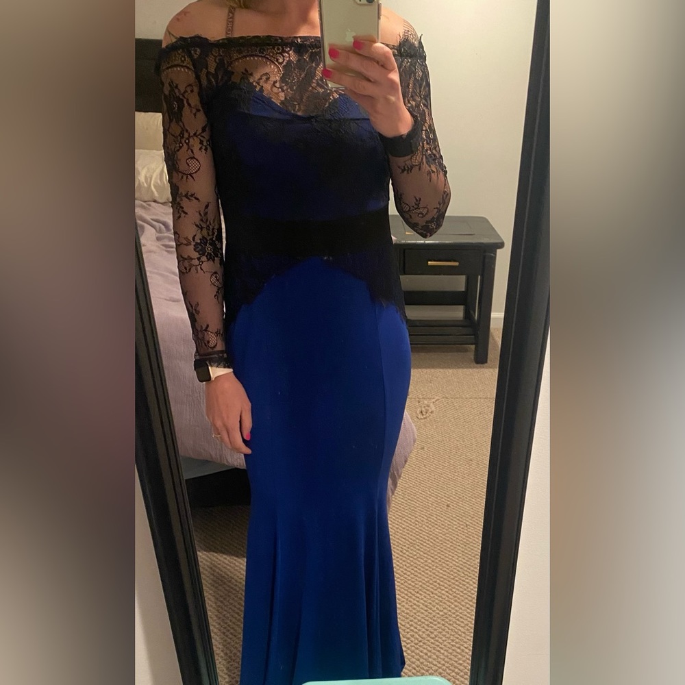 Blue and black lace floor-length gown, size large